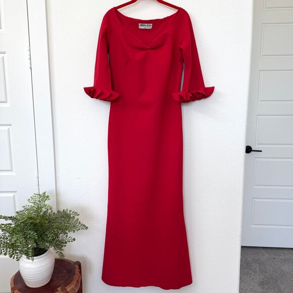 Chiara Boni Red Column Gown Ruffle Sleeve Sweetheart Neckline Formal Dress - Picture 1 of 6